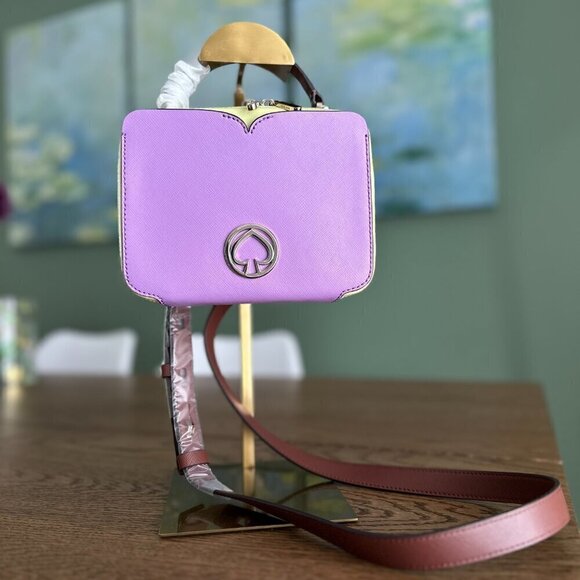 NWT!! Kate Spade Vanity Mini Top Handle Bag -Purple/Cream yellow(Irisbloom) - Picture 6 of 16